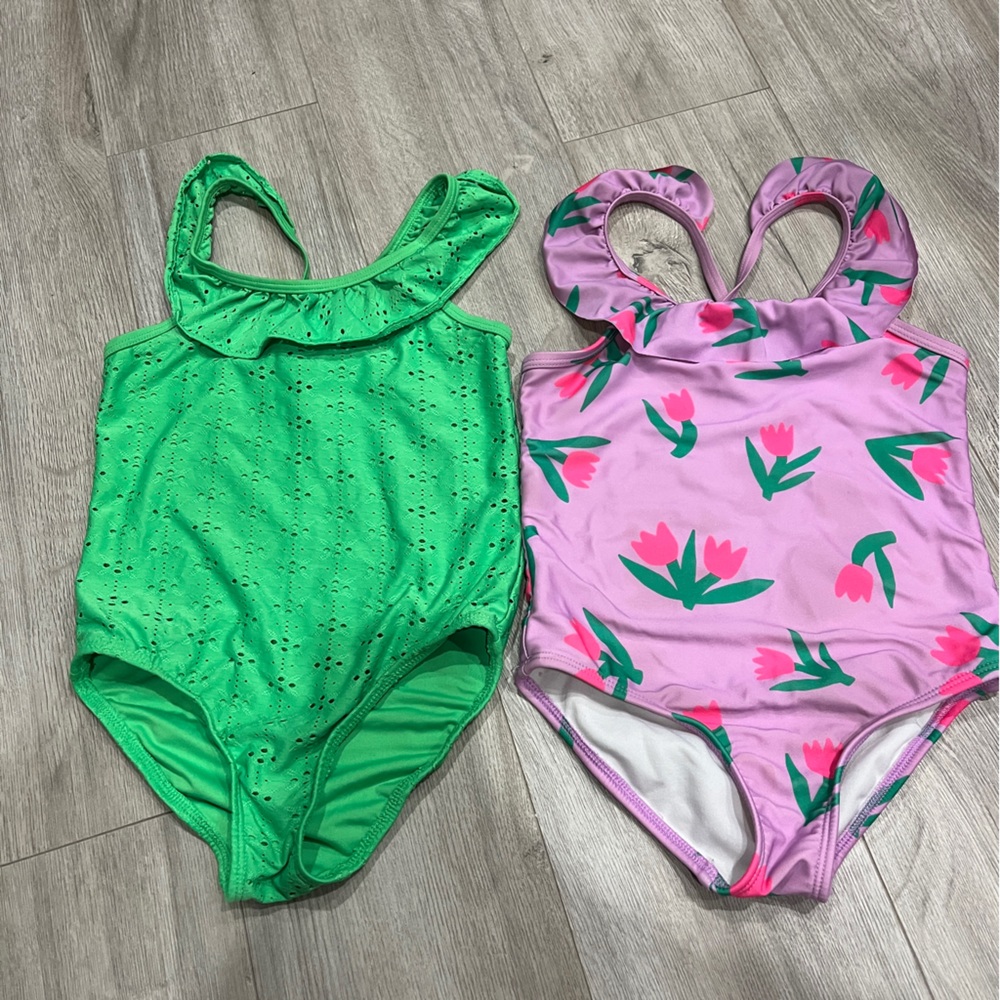 Kids Green Eyelet and Purple Floral One-Piece Swimsuit set